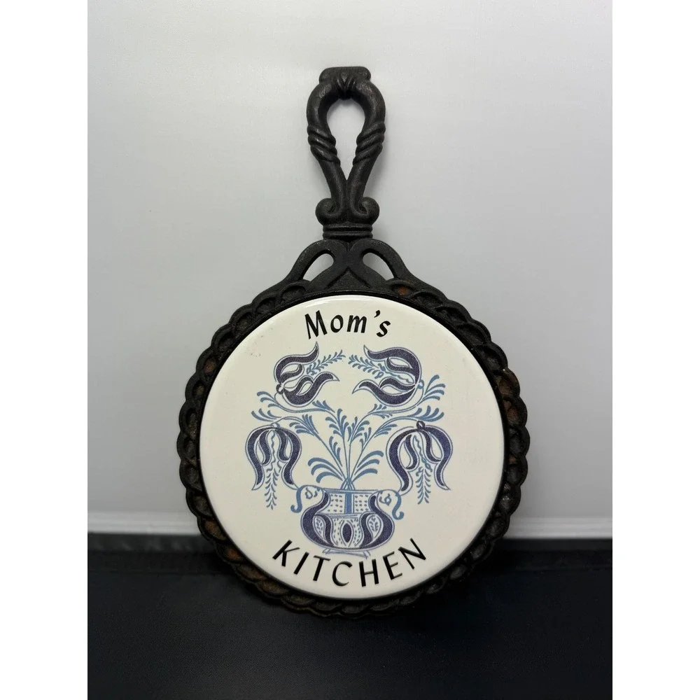 Vintage Cast Iron tile Trivet Mom's Kitchen Blue‎ Floral Mid-State wall decor